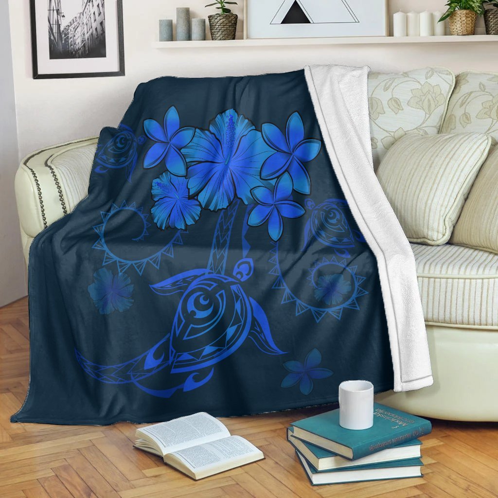 Hawaiian Turtles Hibiscus Plumeria Polynesian Premium Blankets - Blue - AH White - Polynesian Pride