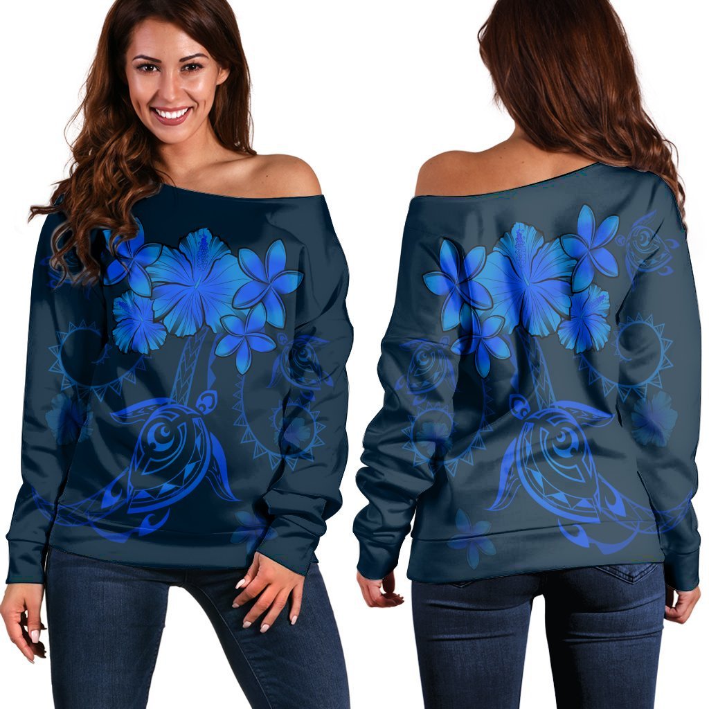 Hawaiian Turtles Hibiscus Plumeria Polynesian Women's Off Shoulder Sweater - Blue - AH Black - Polynesian Pride