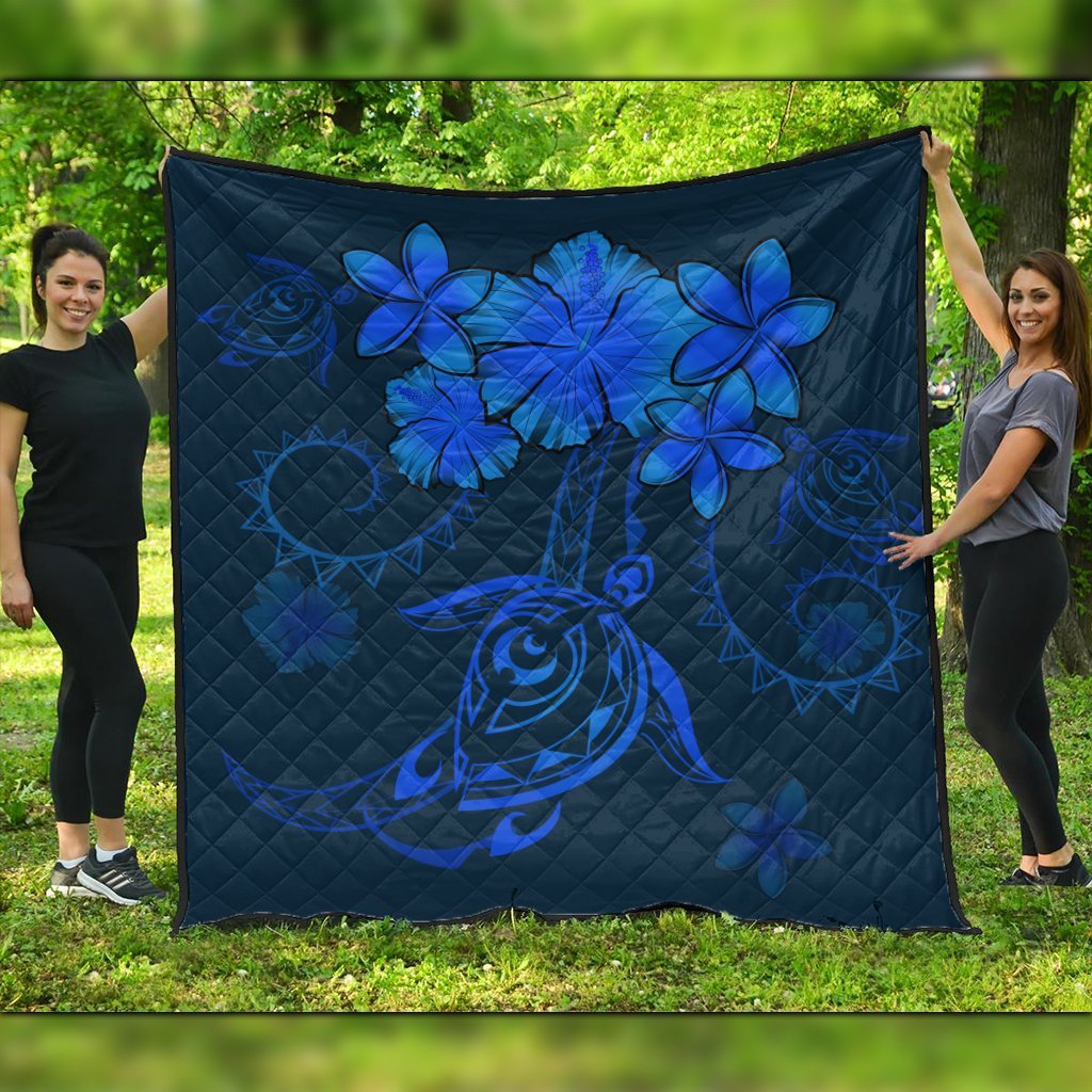 Hawaiian Turtles Hibiscus Plumeria Polynesian Premium Quilts - Blue - AH Black - Polynesian Pride