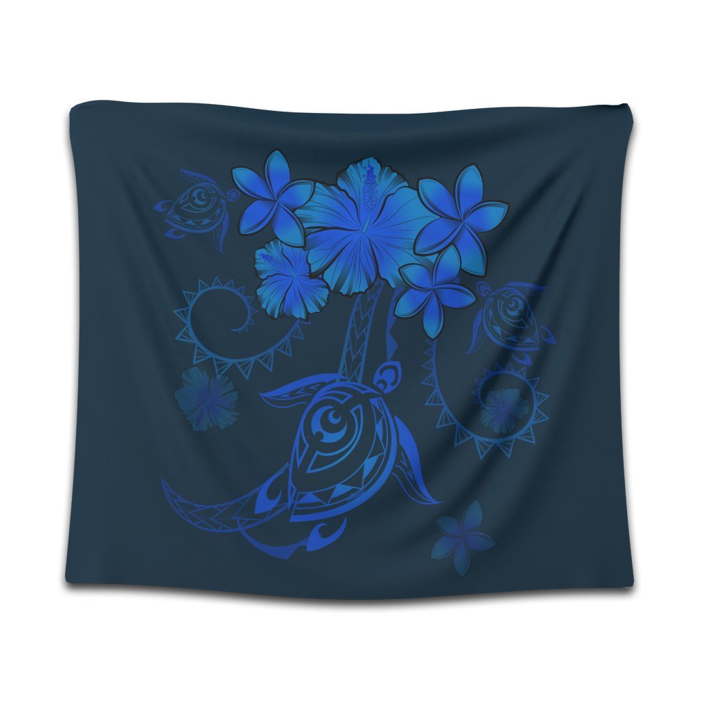 Hawaiian Turtles Hibiscus Plumeria Polynesian Tapestry - Blue - AH Wall Tapestry Black - Polynesian Pride