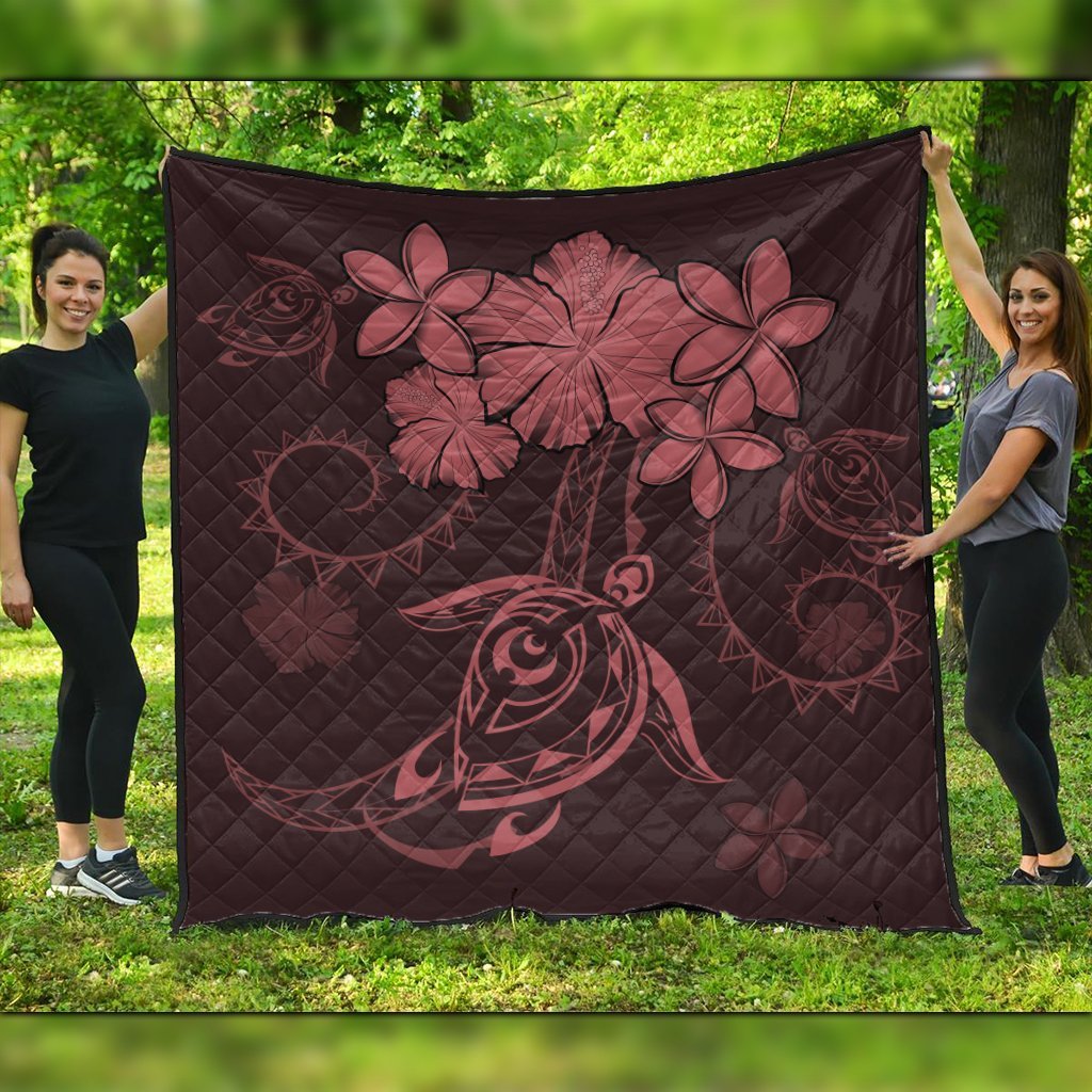 Hawaiian Turtles Hibiscus Plumeria Polynesian Premium Quilts - Pink - AH Black - Polynesian Pride