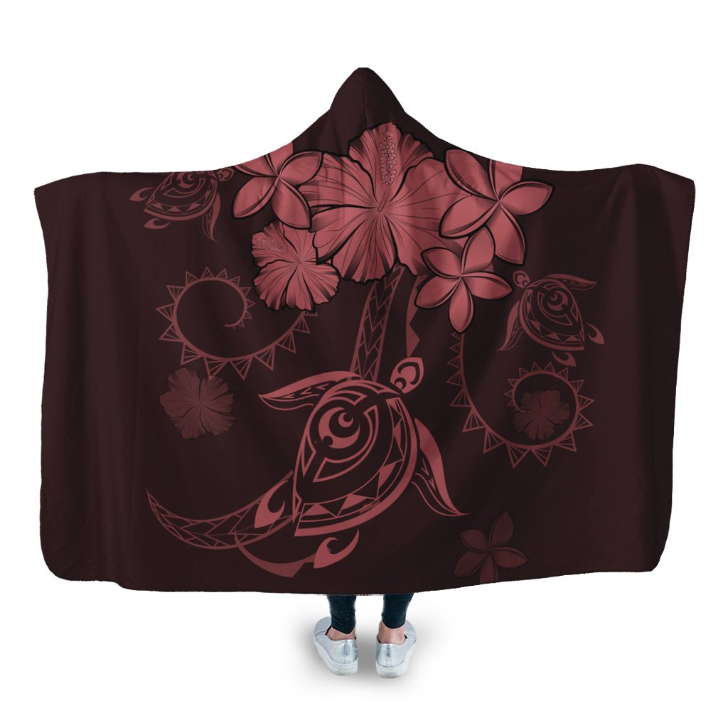 Hawaiian Turtles Hibiscus Plumeria Polynesian Hooded Blanket - Pink - AH Hooded Blanket White - Polynesian Pride