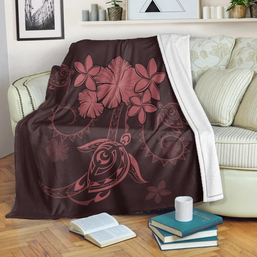 Hawaiian Turtles Hibiscus Plumeria Polynesian Premium Blankets - Pink - AH White - Polynesian Pride