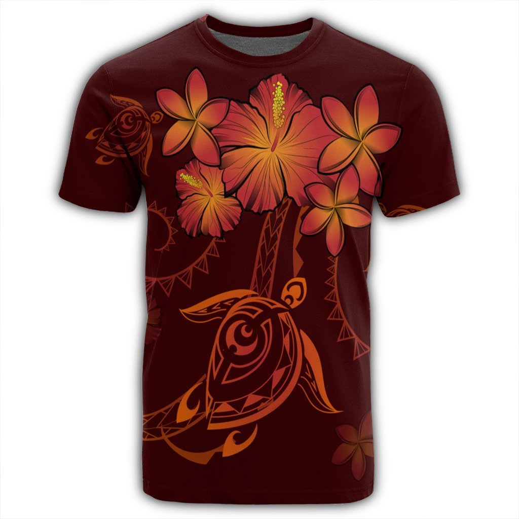 Hawaiian Turtles Hibiscus Plumeria Polynesian T Shirt Red AH - Polynesian Pride