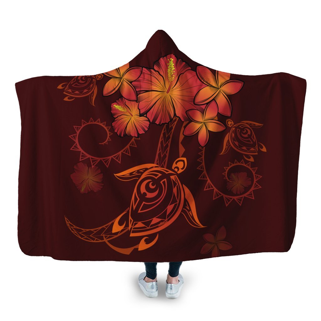 Hawaiian Turtles Hibiscus Plumeria Polynesian Hooded Blanket - Red - AH Hooded Blanket White - Polynesian Pride