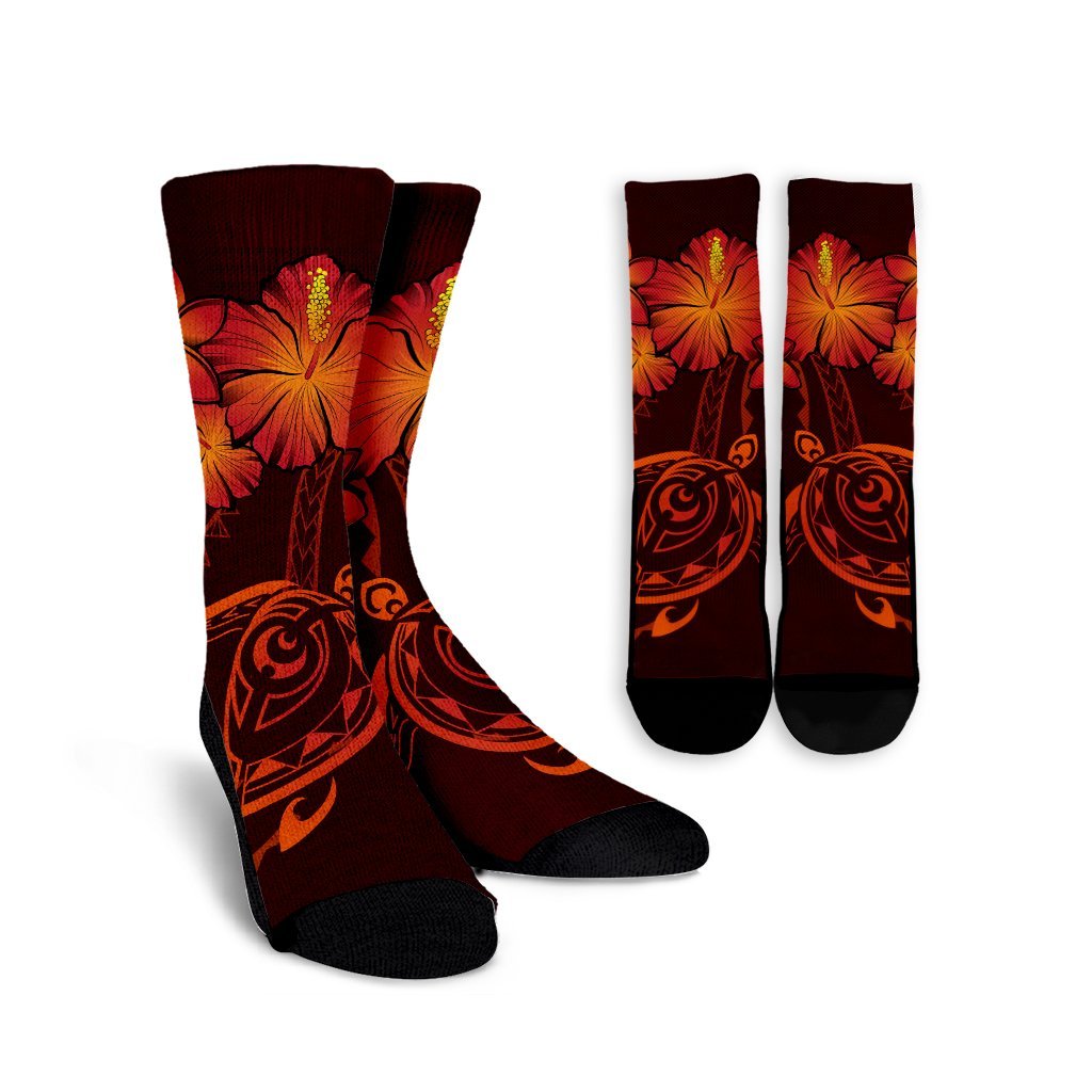 Hawaiian Turtles Hibiscus Plumeria Polynesian Crew Socks - Red - AH Crew Socks White - Polynesian Pride
