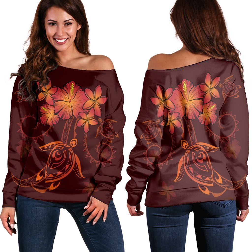 Hawaiian Turtles Hibiscus Plumeria Polynesian Women's Off Shoulder Sweater - Red - AH Black - Polynesian Pride