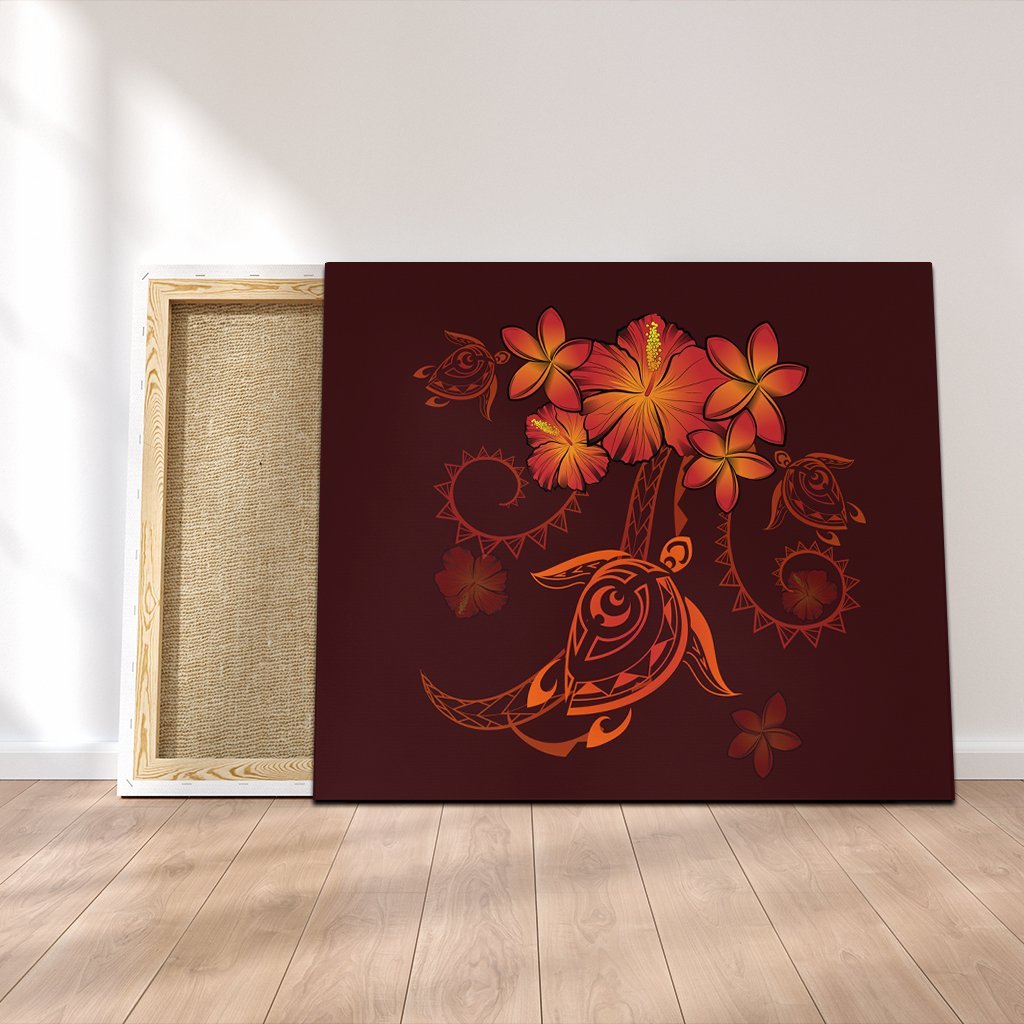 Hawaiian Turtles Hibiscus Plumeria Polynesian Canvas - Red - AH Canvas Poly-cotton - Polynesian Pride