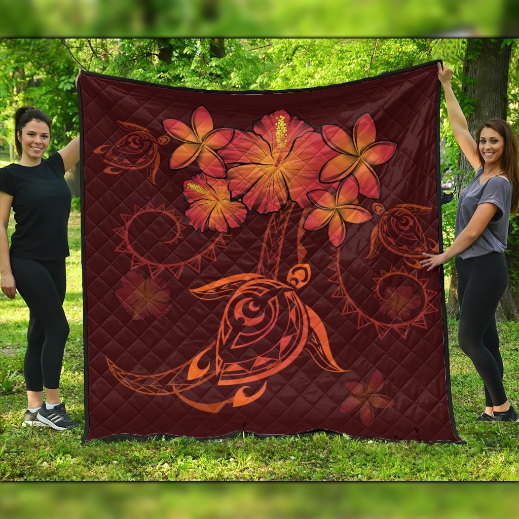 Hawaiian Turtles Hibiscus Plumeria Polynesian Premium Quilts - Red - AH Black - Polynesian Pride