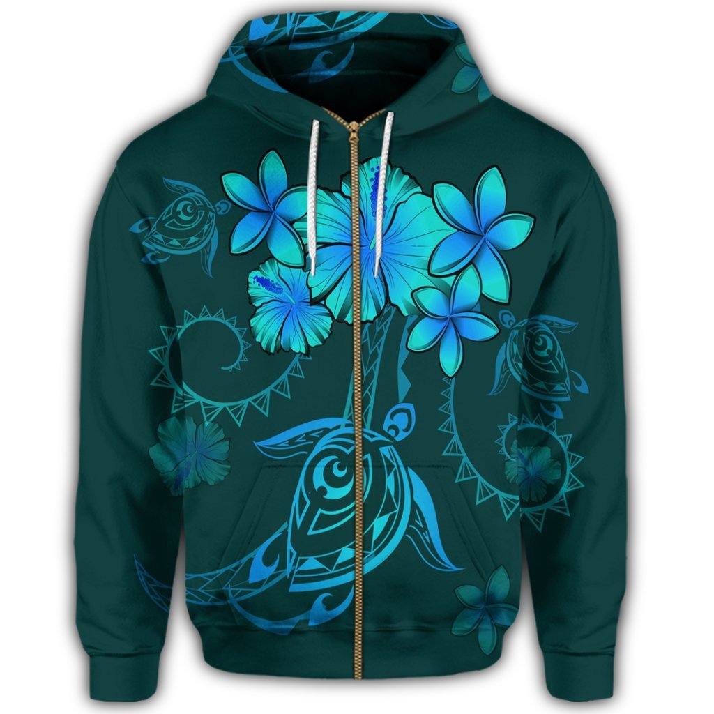 Hawaiian Turtles Hibiscus Plumeria Polynesian Zip Hoodie Turquoise - Polynesian Pride