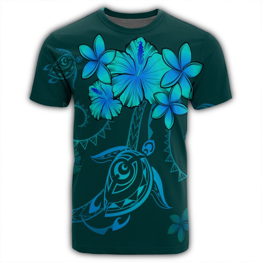 Hawaiian Turtles Hibiscus Plumeria Polynesian T Shirt Turquoise AH - Polynesian Pride