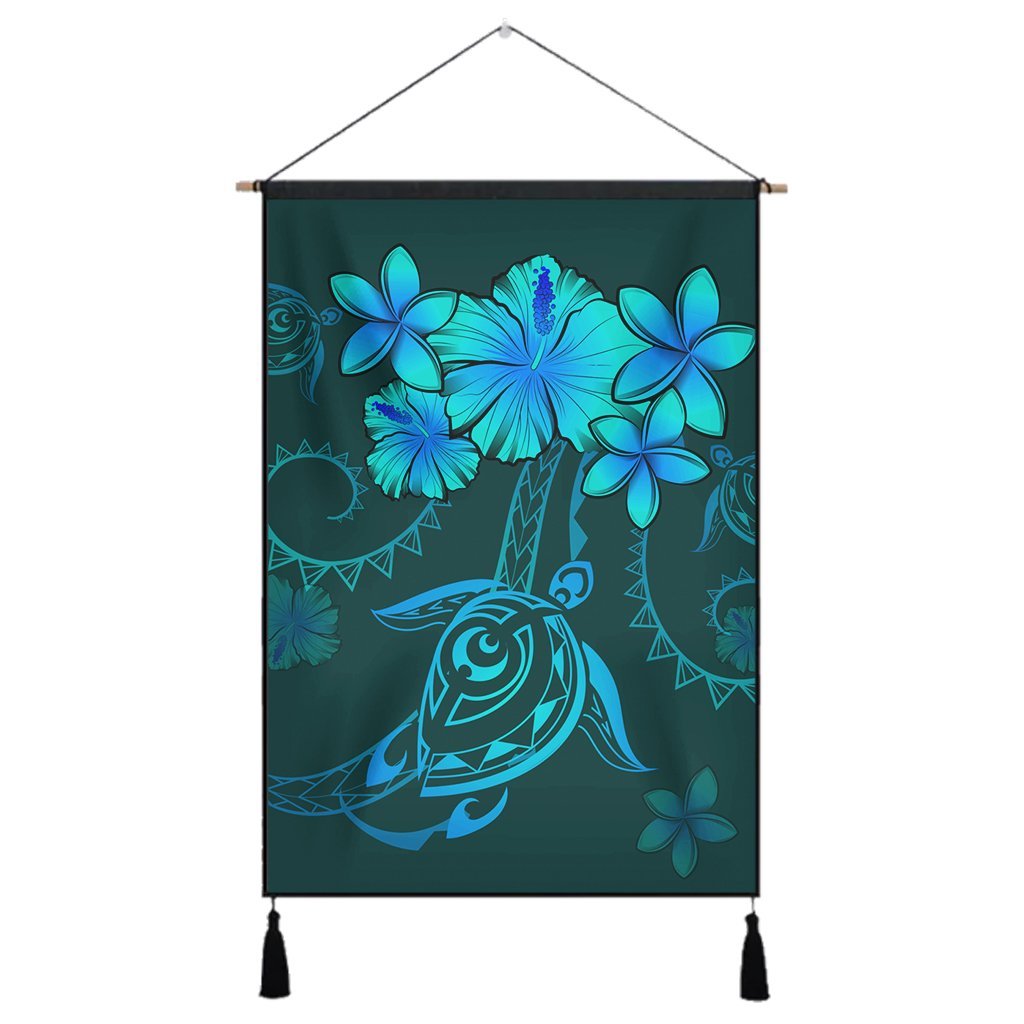 Hawaiian Turtles Hibiscus Plumeria Polynesian Hanging Poster - Turquoise - AH Hanging Poster Cotton And Linen - Polynesian Pride