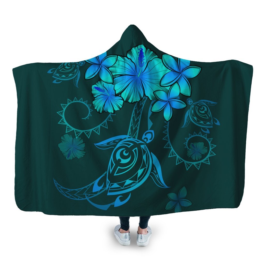 Hawaiian Turtles Hibiscus Plumeria Polynesian Hooded Blanket - Turquoise - AH Hooded Blanket White - Polynesian Pride