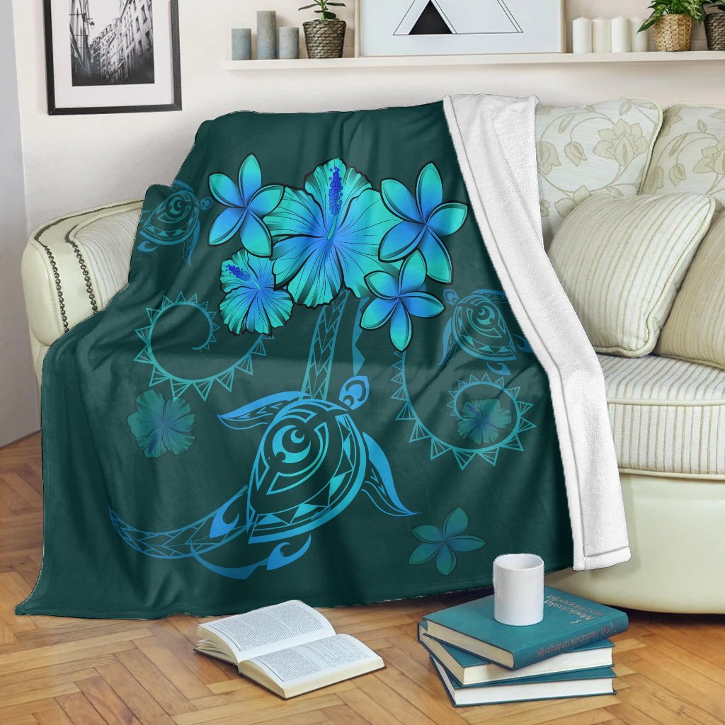 Hawaiian Turtles Hibiscus Plumeria Polynesian Premium Blankets - Turquoise - AH White - Polynesian Pride