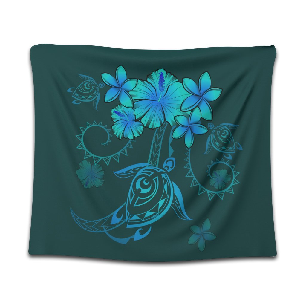 Hawaiian Turtles Hibiscus Plumeria Polynesian Tapestry - Turquoise - AH Wall Tapestry Black - Polynesian Pride