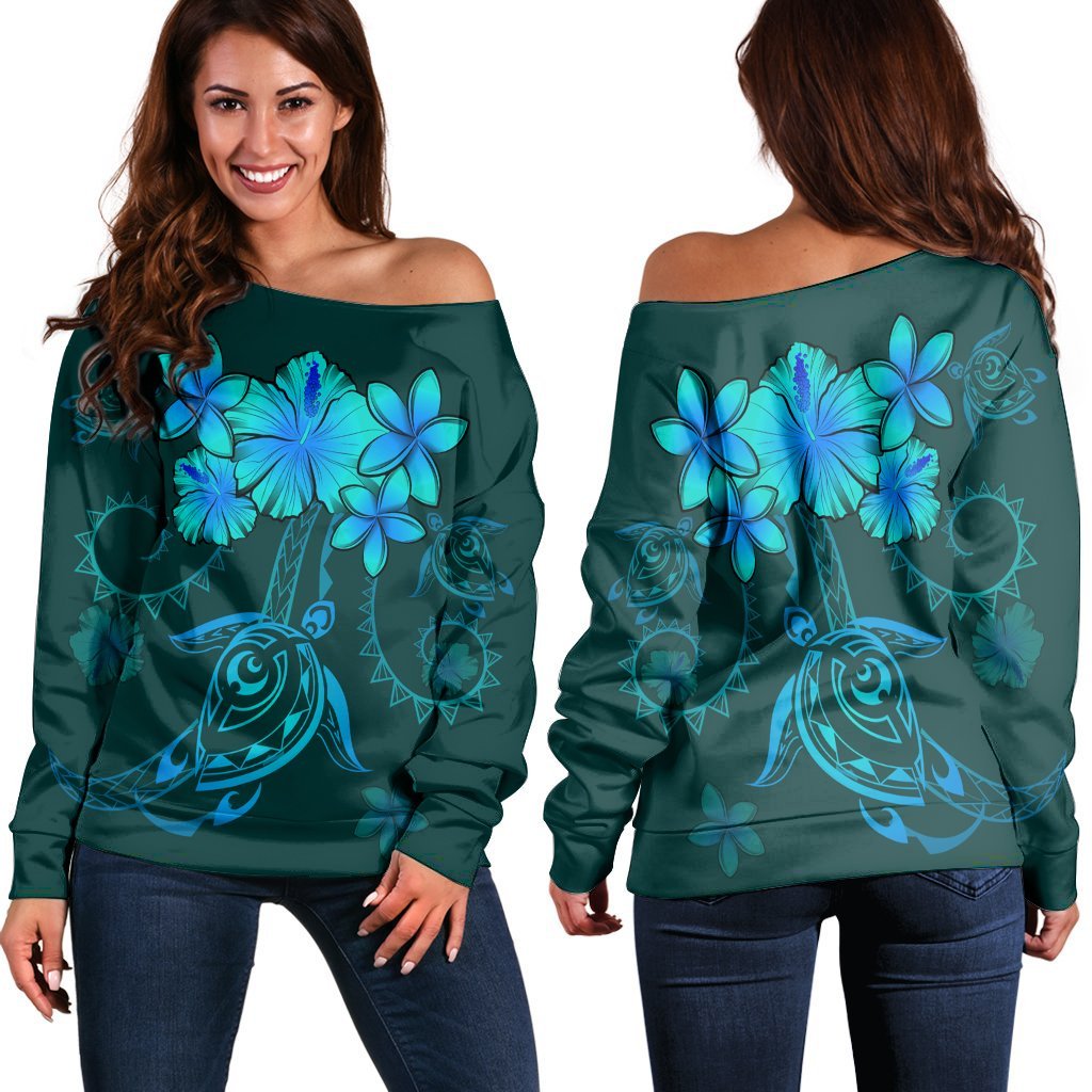 Hawaiian Turtles Hibiscus Plumeria Polynesian Women's Off Shoulder Sweater - Turquoise - AH Black - Polynesian Pride