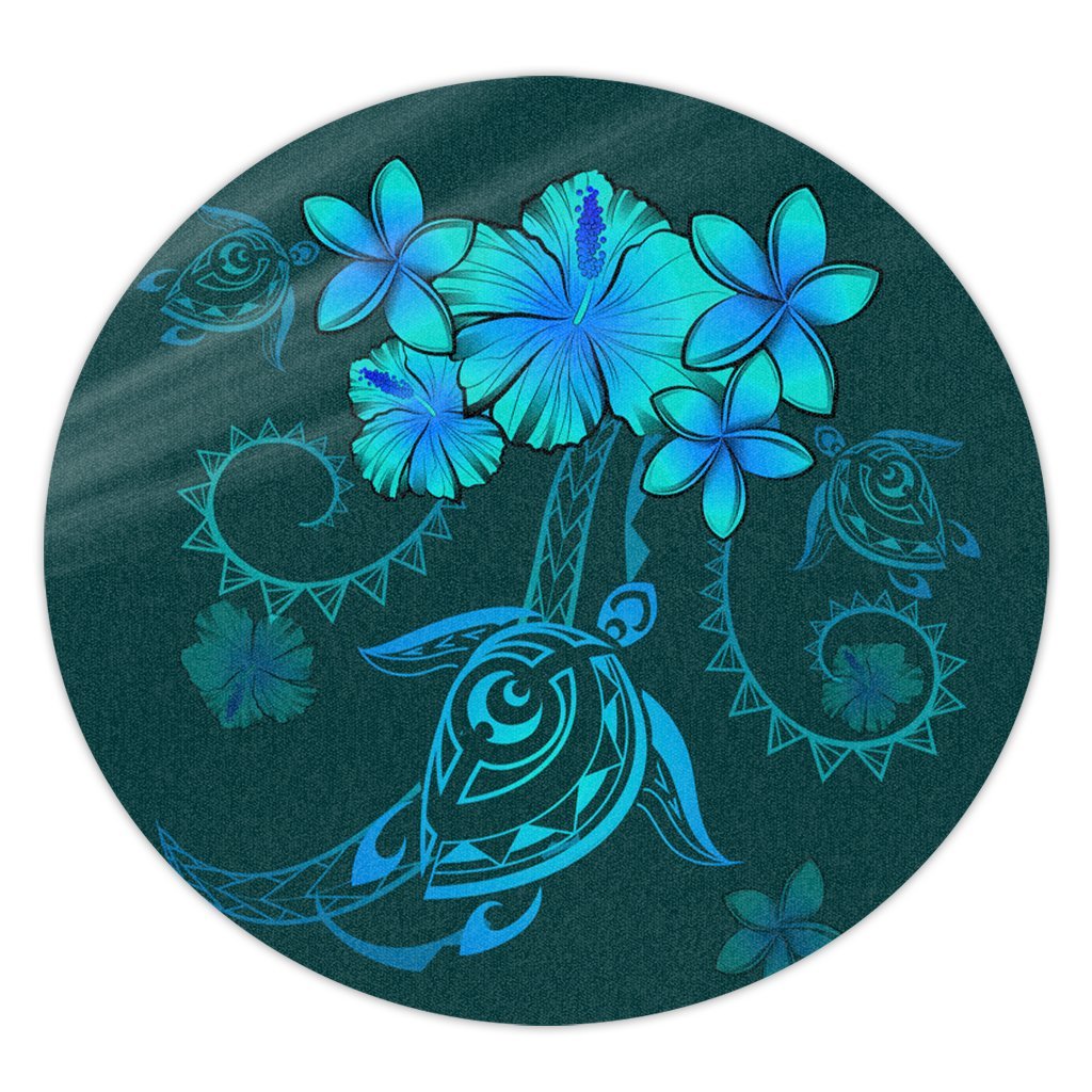 Hawaiian Turtles Hibiscus Plumeria Polynesian Round Carpet - Turquoise - AH Round Carpet Luxurious Plush - Polynesian Pride