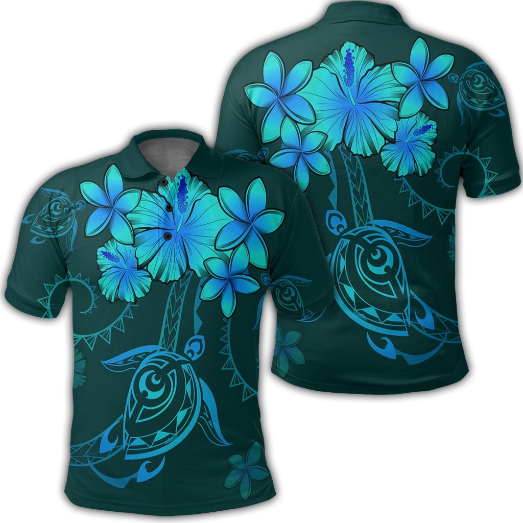 Hawaiian Turtles Hibiscus Plumeria Polynesian Polo Shirt Turquoise Unisex Black - Polynesian Pride