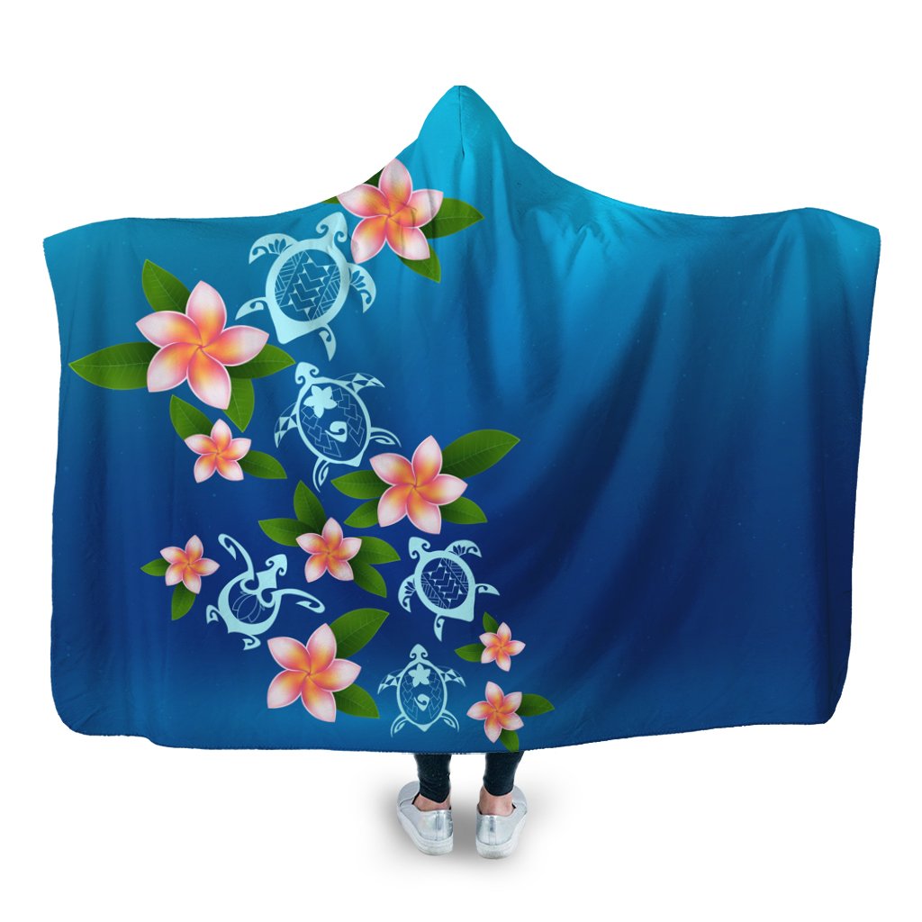 Hawaiian Tuttle And Plumeria Flower In The Sea Polynesian Hooded Blanket - AH Hooded Blanket White - Polynesian Pride