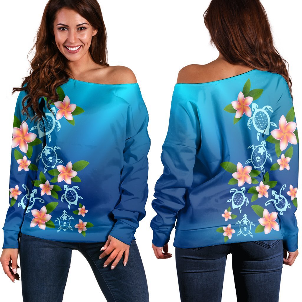 Hawaiian Tuttle And Plumeria Flower In The Sea Polynesian Women's Off Shoulder Sweater - AH Black - Polynesian Pride