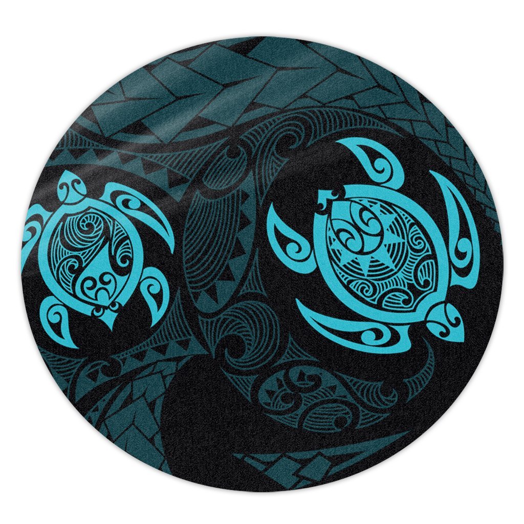 Hawaiian Two Turtle Polynesian Round Carpet Blue AH Round Carpet Luxurious Plush - Polynesian Pride