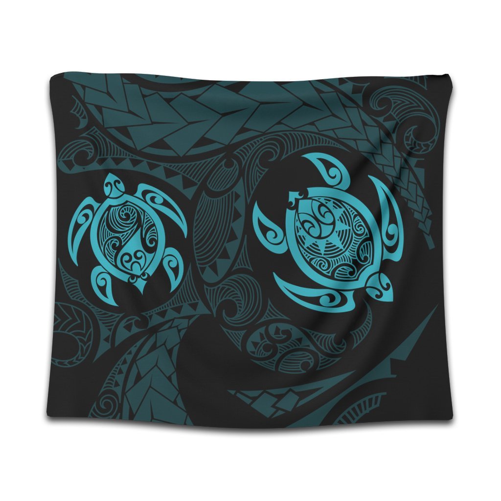 Hawaiian Two Turtle Polynesian Tapestry Blue AH Wall Tapestry Black - Polynesian Pride