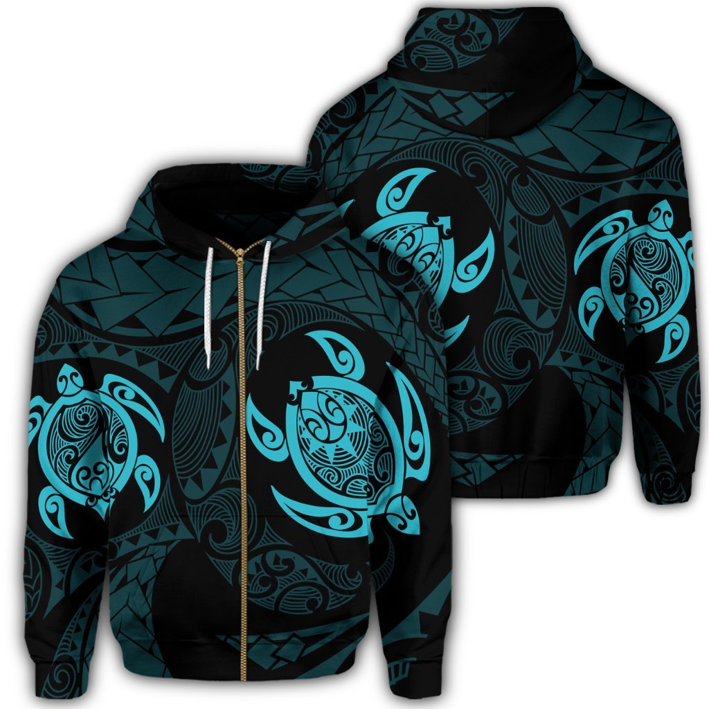Hawaiian Two Turtle Polynesian Zip Hoodie Blue Unisex Art - Polynesian Pride