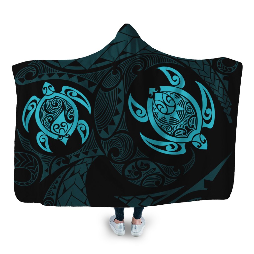 Hawaiian Two Turtle Polynesian Hooded Blanket Blue AH Hooded Blanket White - Polynesian Pride