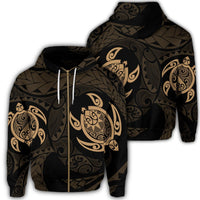 Hawaiian Two Turtle Polynesian Zip Hoodie Gold Unisex Art - Polynesian Pride
