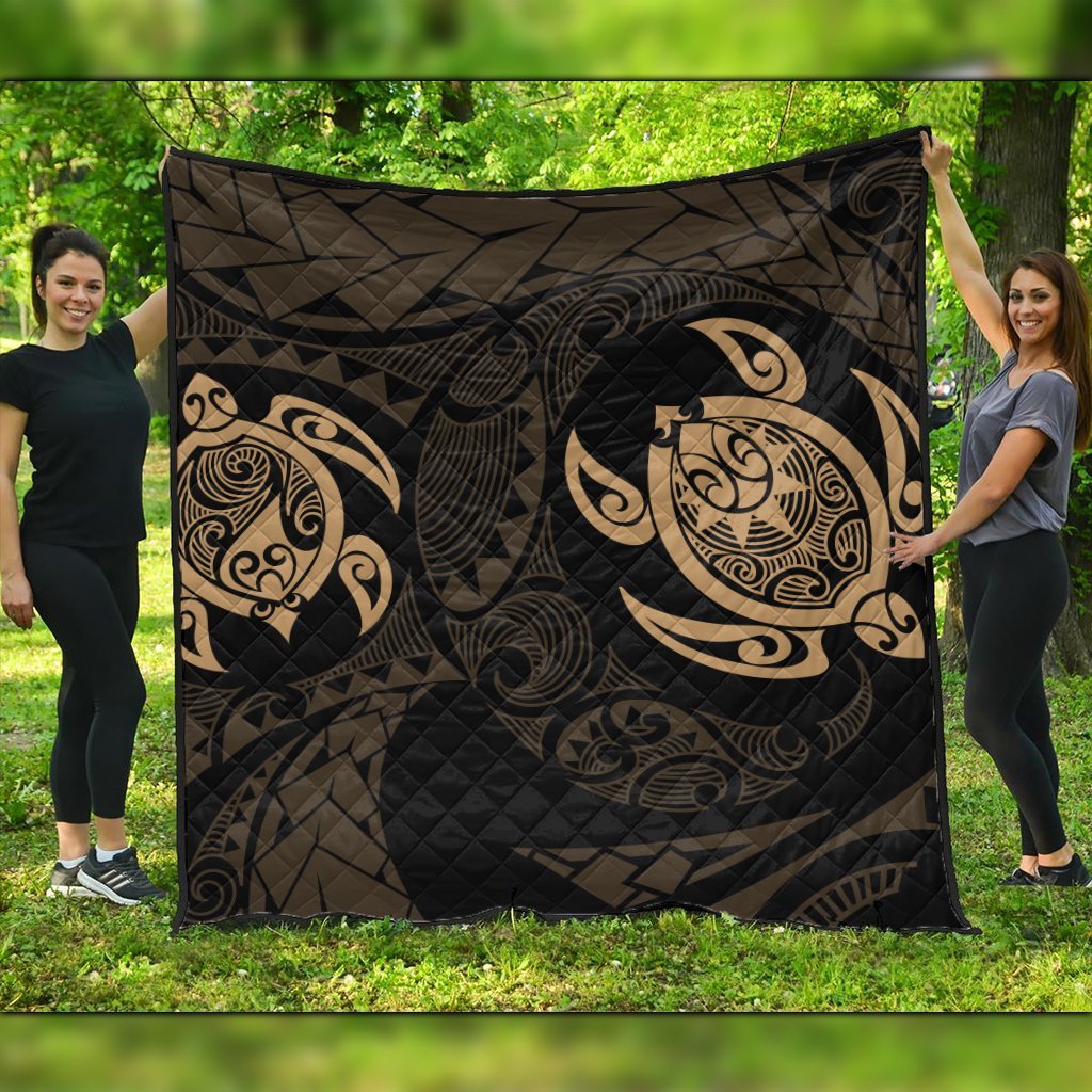 Hawaiian Two Turtle Polynesian Premium Quilts Gold AH Black - Polynesian Pride