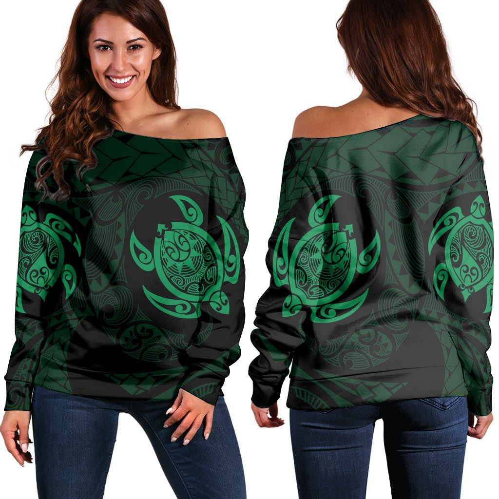 Hawaiian Two Turtle Polynesian Women's Off Shoulder Sweater Green AH Black - Polynesian Pride