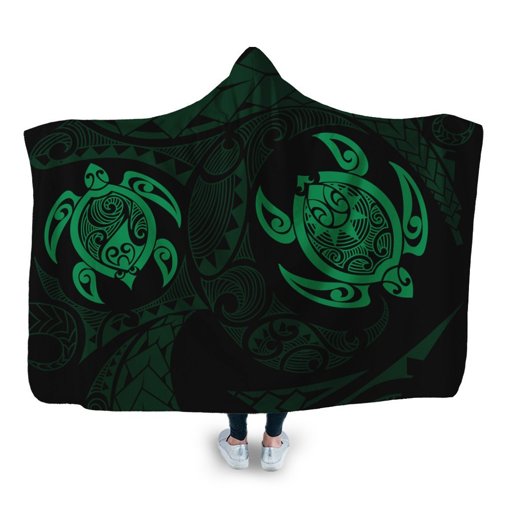 Hawaiian Two Turtle Polynesian Hooded Blanket Green AH Hooded Blanket White - Polynesian Pride