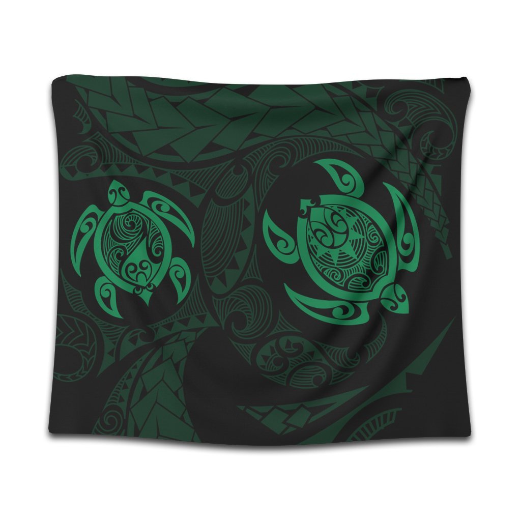 Hawaiian Two Turtle Polynesian Tapestry Green AH Wall Tapestry Black - Polynesian Pride