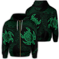 Hawaiian Two Turtle Polynesian Zip Hoodie Green Unisex Art - Polynesian Pride