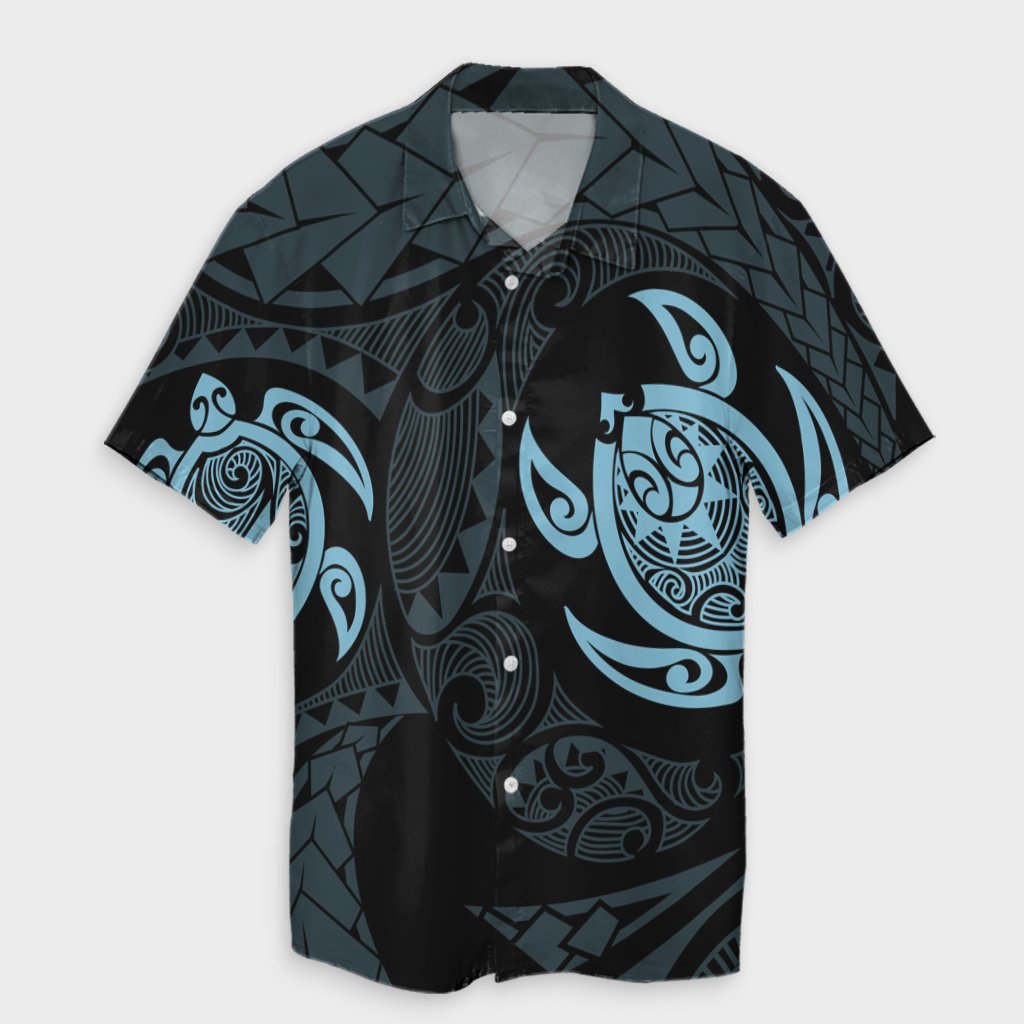 Hawaiian Two Turtle Polynesian Hawaiian Shirt Pastel Blue AH Unisex Black - Polynesian Pride