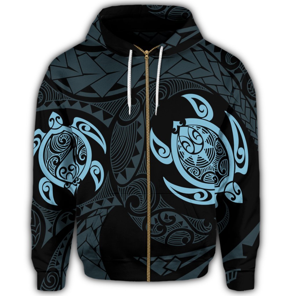 Hawaiian Two Turtle Polynesian Zip Hoodie Pastel Blue - Polynesian Pride
