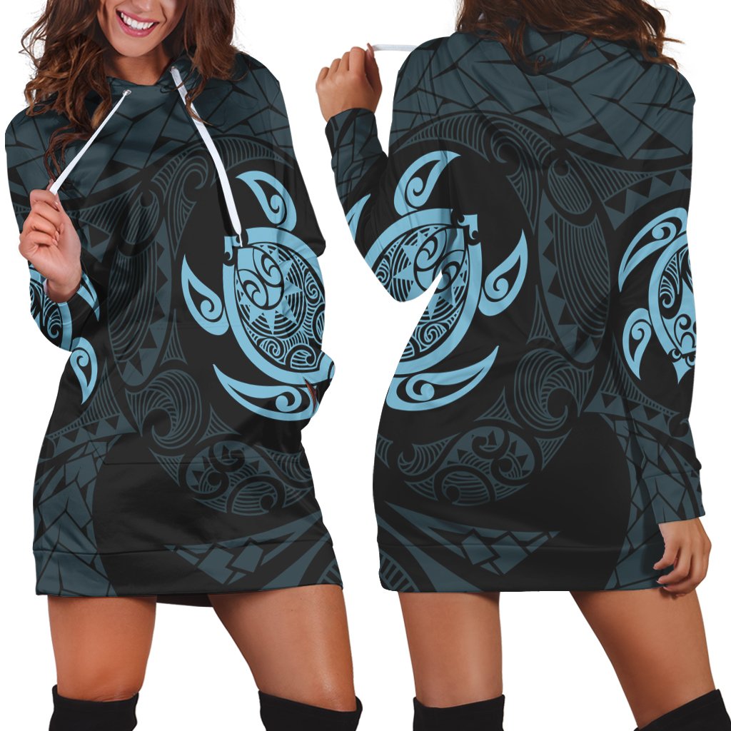 Hawaiian Two Turtle Polynesian Hoodie Dress Pastel Blue AH Black - Polynesian Pride