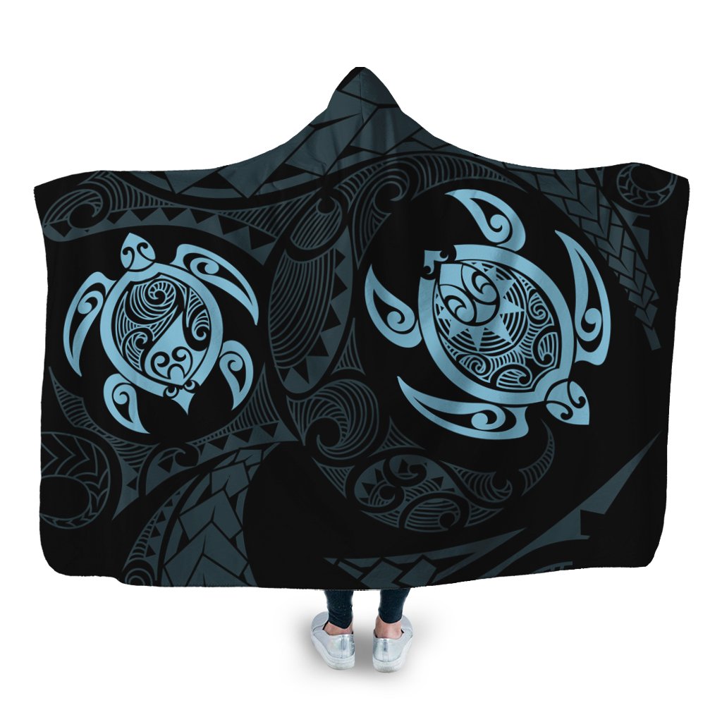 Hawaiian Two Turtle Polynesian Hooded Blanket Pastel Blue AH Hooded Blanket White - Polynesian Pride