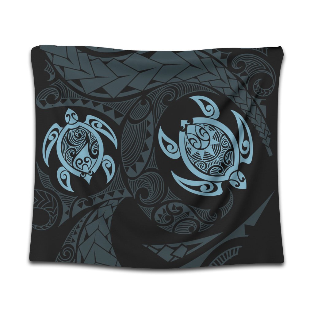 Hawaiian Two Turtle Polynesian Tapestry Pastel Blue AH Wall Tapestry Black - Polynesian Pride