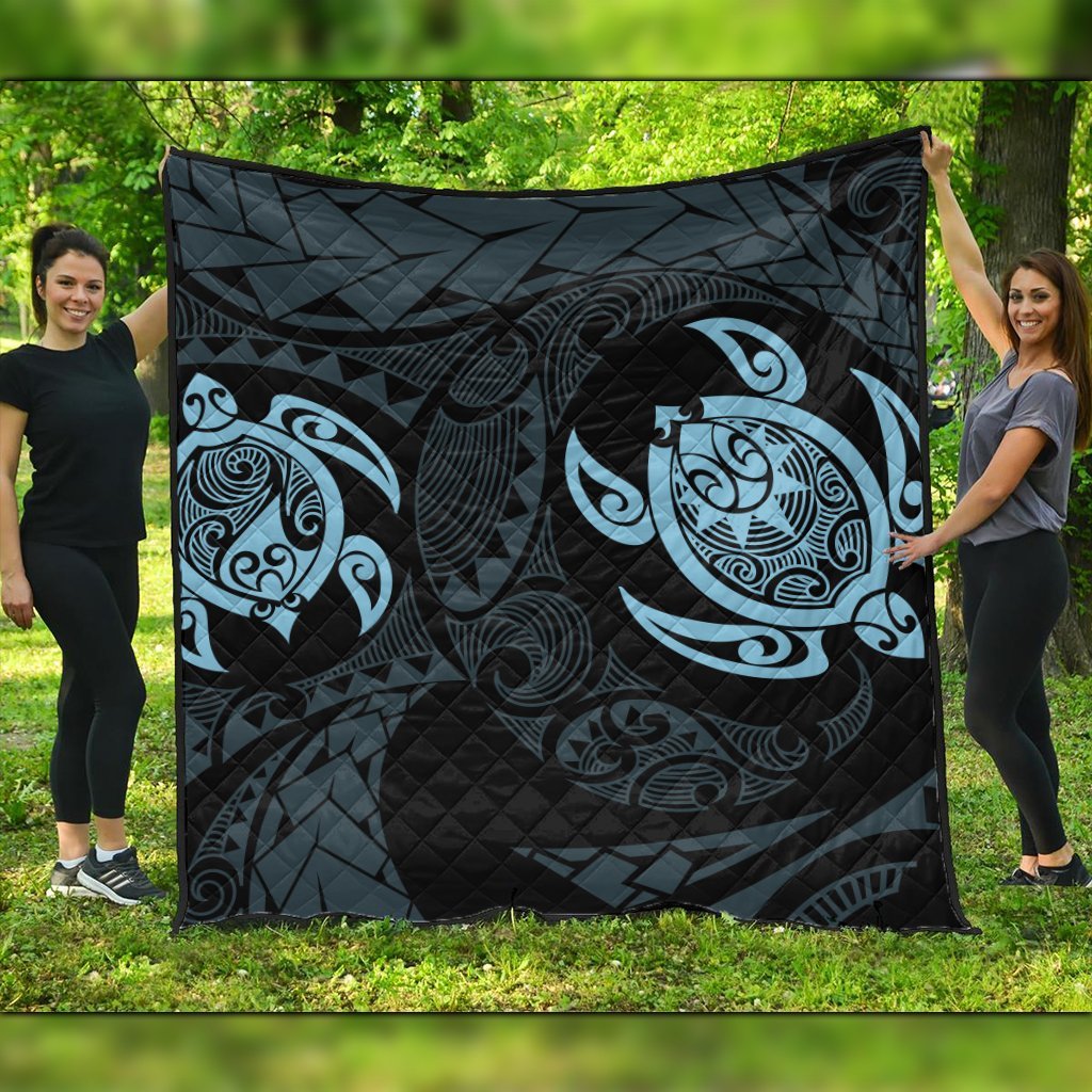 Hawaiian Two Turtle Polynesian Premium Quilts Pastel Blue AH Black - Polynesian Pride