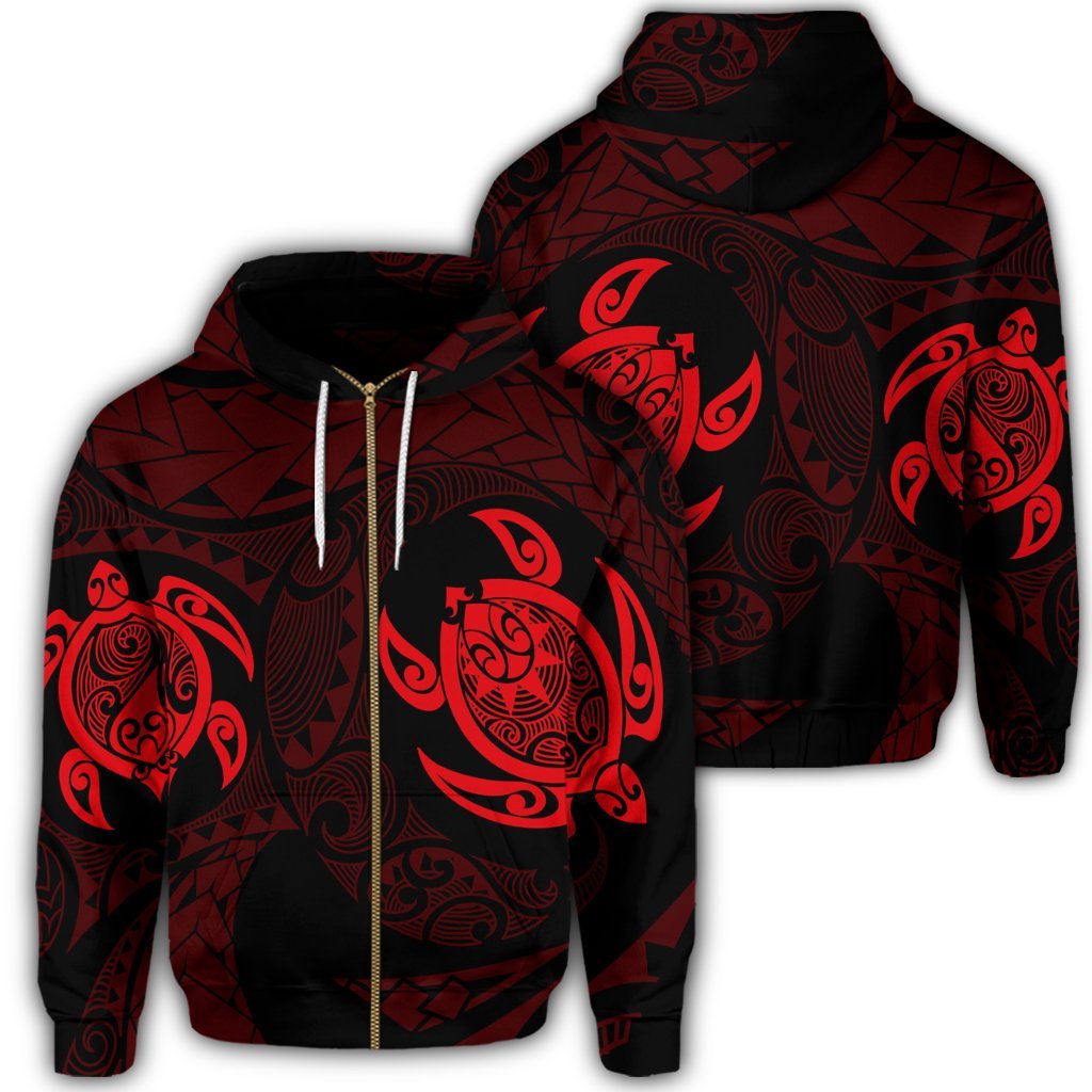 Hawaiian Two Turtle Polynesian Zip Hoodie Red Unisex Art - Polynesian Pride