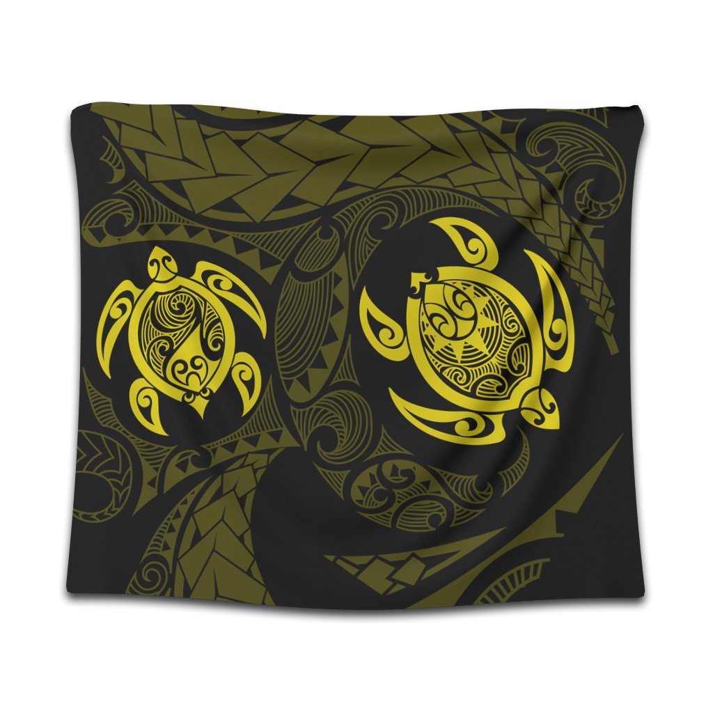 Hawaiian Two Turtle Polynesian Tapestry Yellow AH Wall Tapestry Black - Polynesian Pride