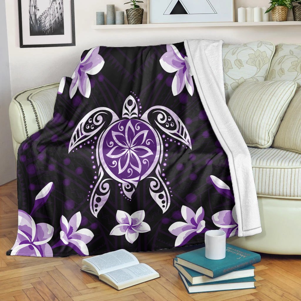 Hawaiian Violet Turtle Plumeria Premium Blankets AH White - Polynesian Pride