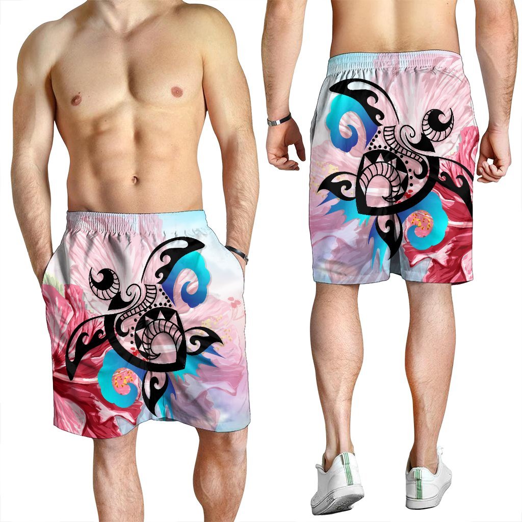 Hawaiian Wave Hibiscus Watercolor Turtle Polynesian Men's Shorts - AH - Polynesian Pride