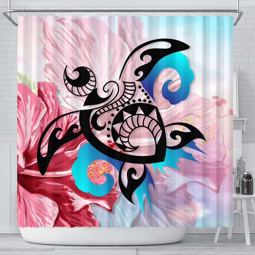 Hawaiian Wave Hibiscus Watercolor Turtle Polynesian Shower Curtain - AH 177 x 172 (cm) Black - Polynesian Pride
