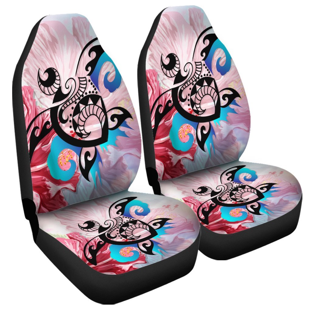 Hawaiian Wave Hibiscus Watercolor Turtle Polynesian Car Seat Covers - AH Universal Fit Black - Polynesian Pride