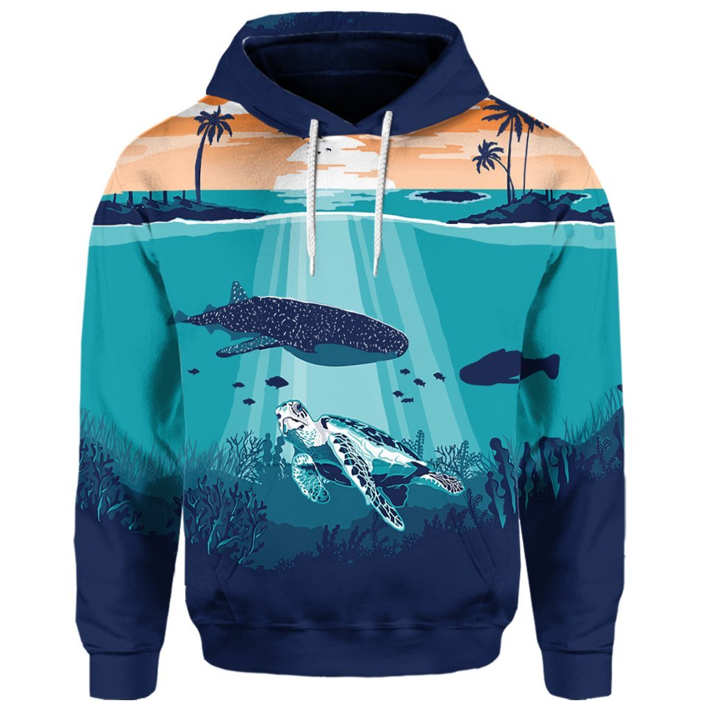 Custom Hawaiian Whale and Turtle In Sunset Polynesian Hoodie - Polynesian Pride