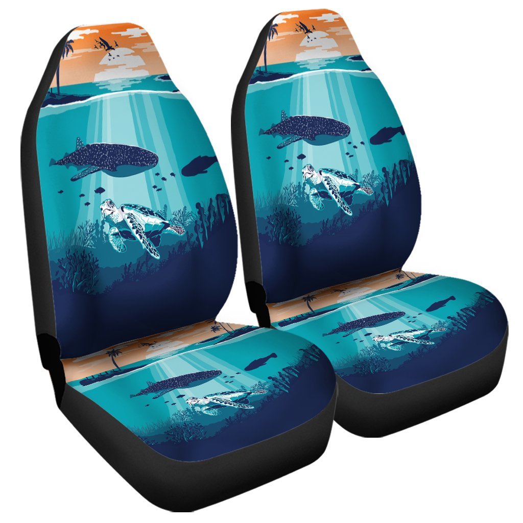 Hawaiian Whale And Turtle In Sunset Polynesian Car Seat Covers - AH Universal Fit Black - Polynesian Pride