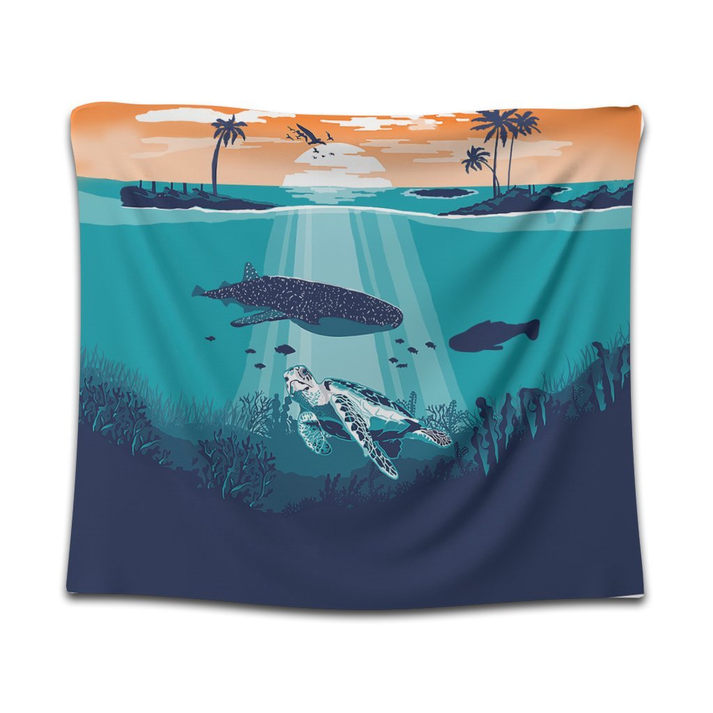 Hawaiian Whale And Turtle In Sunset Polynesian Tapestry - AH Wall Tapestry Black - Polynesian Pride