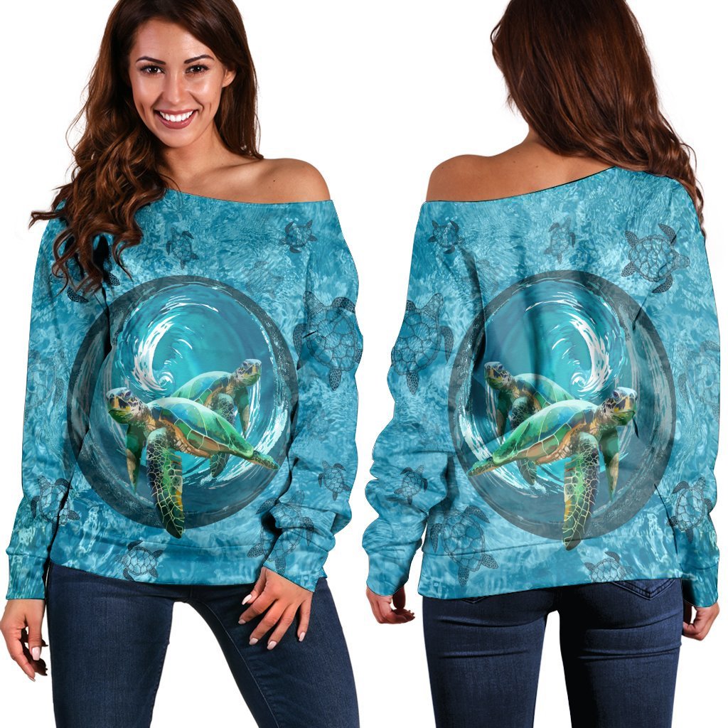 Hawaiian Whirlpool Turtle Polynesian Women's Off Shoulder Sweater - AH Black - Polynesian Pride